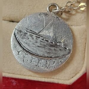 Silver 925  Sailboat Pendant Necklace - Etched Coin Design